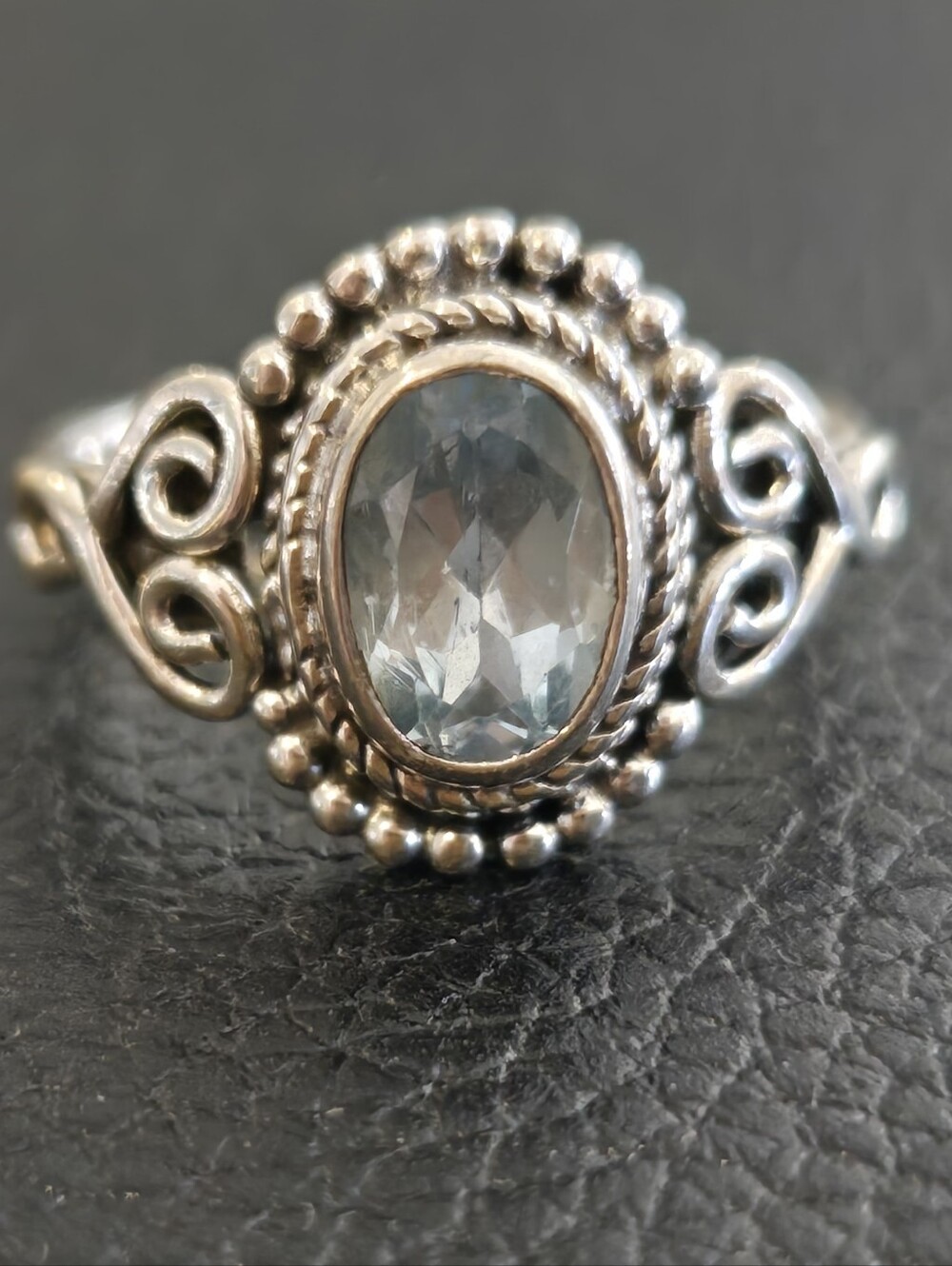 Vintage Style Natural Blue Topaz Oval Ring Sterling 925 Size 4 Dec Birthstone
